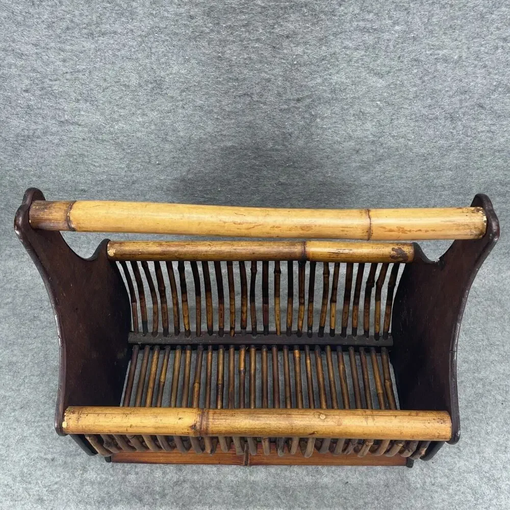 VTG Mid Century Modern Burnt Rattan Tortoise Tiger Bamboo Magazine Rack Basket